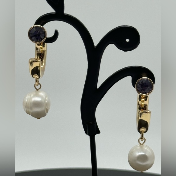 INC Gold Tone Open Hoop with Dangling Faux Pearl Purple Crystal Post Earrings - Picture 3 of 13